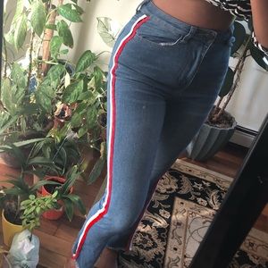 Red and White Detailed Straight Jeans